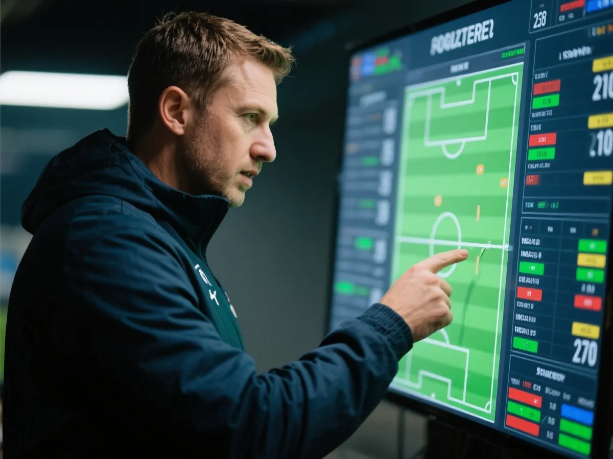 教練分析足球比賽板與數據畫面示意圖