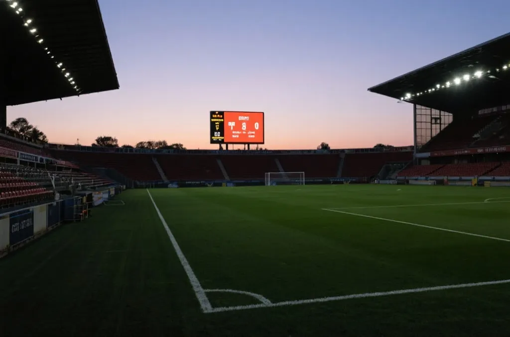 An empty generic soccer stadium at dusk with a large glowing scoreboard
